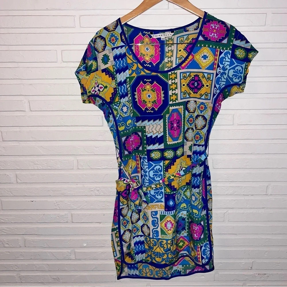 Trina Turk Colorful Patterned Silk Shift Dress, Women’s Size 0